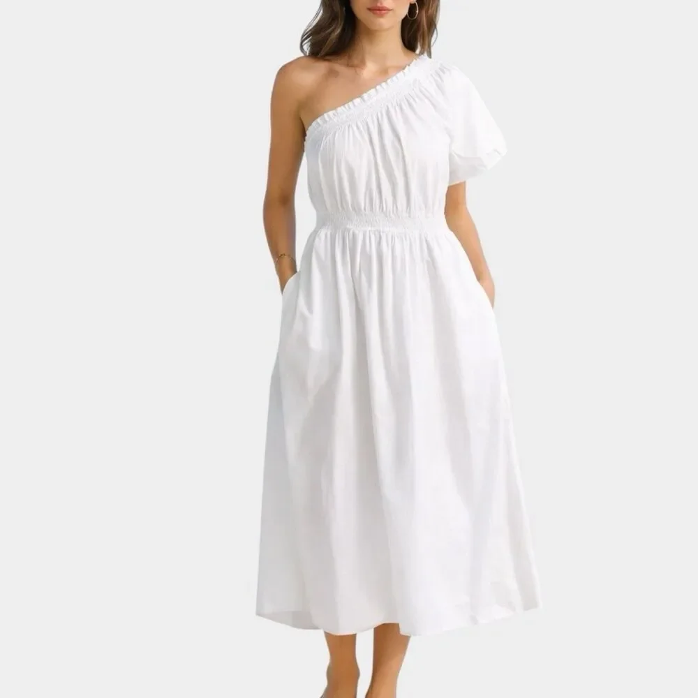 J Crew Midi Smocked Waist Dress Womens XS White One Shoulder Coastal Feminine